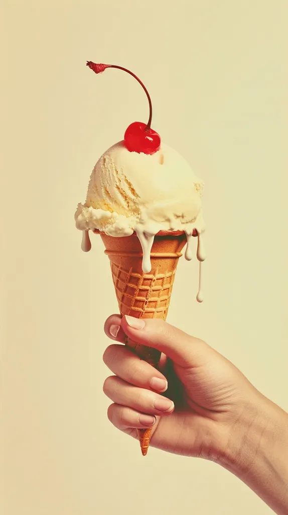 A hand holds a melting vanilla ice cream cone topped with a cherry. The ice cream is dripping down the cone and the background is a pale yellow. The image has a vintage feel. The ice cream is a symbol of summer and happiness.