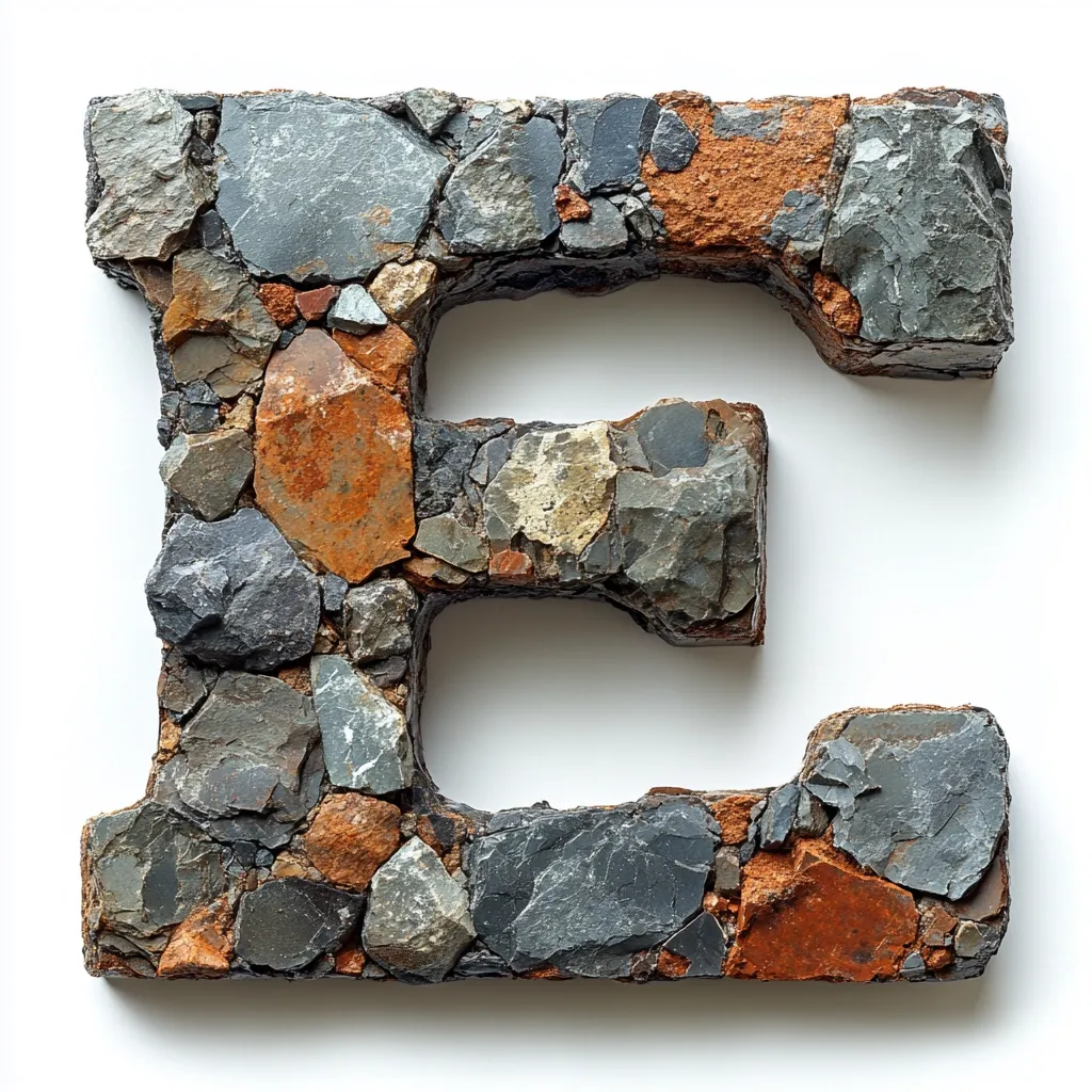 The image shows a large letter "E" formed by a collection of rocks and stones of various sizes and colors.  The rocks are predominantly gray and black, with some brown and orange hues. The letter is set against a plain white background, emphasizing the rough texture of the stonework. The image has a rustic, industrial aesthetic.