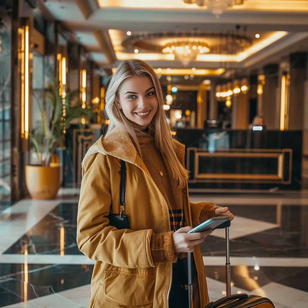 A young woman in a yellow coat stands in a hotel lobby, smiling warmly at the camera. She holds a smartphone in one hand and a suitcase handle in the other. The lobby features a grand chandelier, elegant decor, and a polished marble floor. She exudes a sense of confidence and ease as she prepares to embark on her journey.