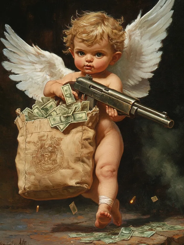 A cherubic angel with wings and a large sack of money is holding a shotgun. The angel is bare-chested and wears a white bandage on its ankle.  The image is dark and somewhat unsettling, suggesting a juxtaposition between innocence and violence.