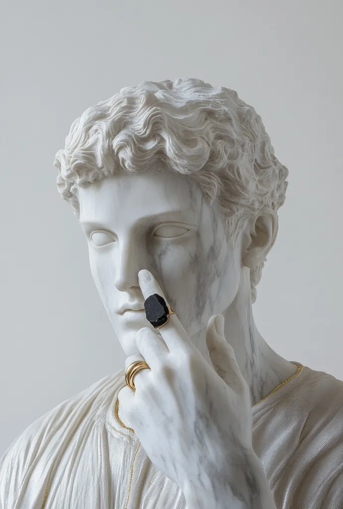 A marble statue of a young man with curly hair is depicted. His right hand is raised to his face, with a black ring on his index finger, and a gold band on his ring finger. The statue is set against a plain white background. The image conveys a sense of classical beauty and elegance.