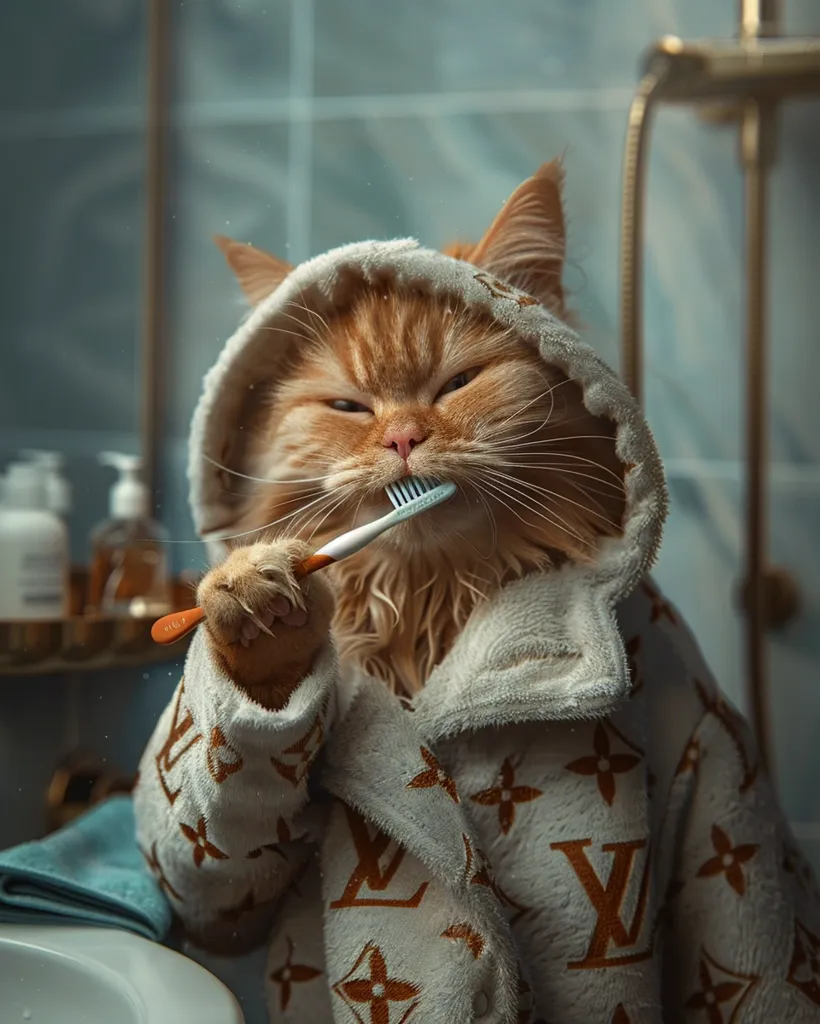 A fluffy orange cat wearing a white bathrobe with a brown Louis Vuitton pattern is brushing its teeth with a blue toothbrush. It is sitting in a bathroom with a tiled wall. The cat looks serious as it carefully brushes its teeth.  The image is humorous and captures the absurdity of a cat brushing its teeth.