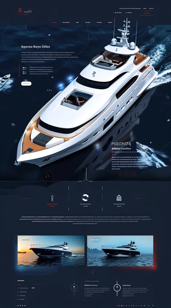 This is a website page showcasing a luxury yacht. The page features a large image of the yacht,  a description, a list of features, and  two smaller images of the yacht. The website is professionally designed with a modern look and feel.  The website's black background and red accents create a sophisticated and luxurious vibe.