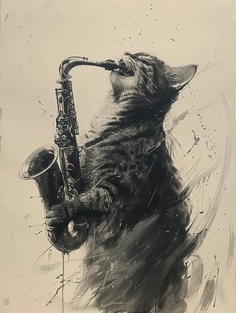 A black and white illustration of a cat playing a saxophone. The cat is depicted with its mouth open, as if playing a note, and its eyes closed. The saxophone is large and fills much of the image. The background is a light gray and has a watercolor-like texture. The image has a whimsical and abstract feel.