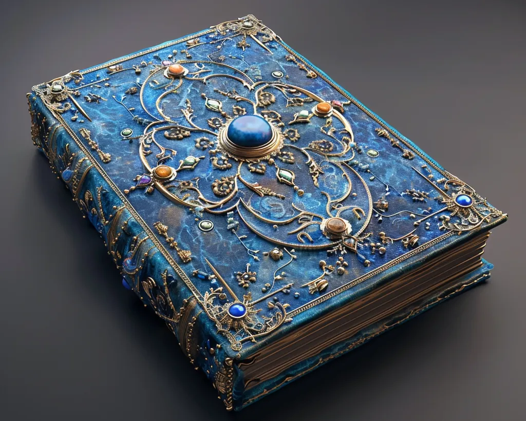 The image shows a closed book with a richly decorated cover. The cover is a deep blue, almost navy, and adorned with intricate gold filigree. Embedded in the filigree are a variety of jewels, including sapphires, emeralds, and rubies. The book appears to be very old and valuable. It gives the impression of a magical artifact or a historical relic.