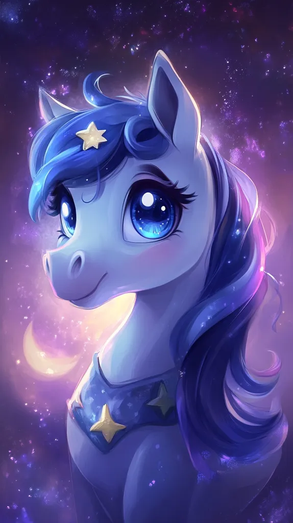 A cartoon pony with a blue coat, mane, and tail, looks to the side with large, expressive blue eyes. A single gold star sits atop her head.  A crescent moon shines faintly in the background while a glittery purple and blue sky sparkles. She wears a collar with a star-studded pattern.
