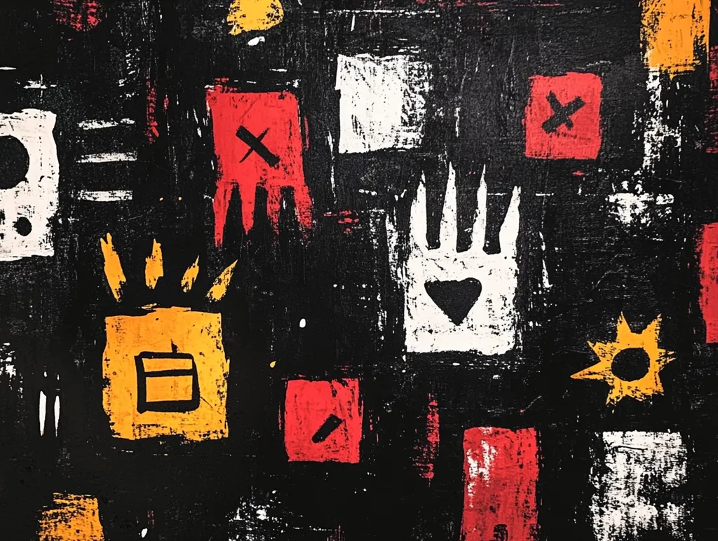 The image is a black canvas painted with abstract shapes and symbols in red, white, and yellow. The abstract shapes include a white hand with a black heart in the palm, red squares, yellow squares and a large yellow shape with a smaller box in the middle. There are also smaller shapes in white, and black.  The style is bold, with rough brush strokes. The background is a black canvas.