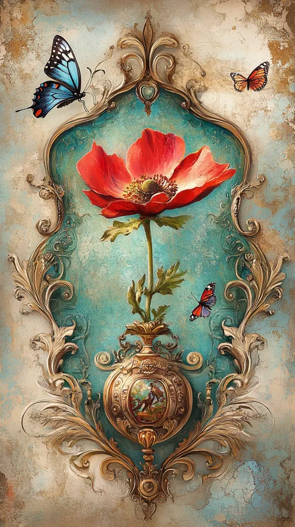 The image features a vibrant red poppy flower in a golden, ornate frame. The flower is set against a teal background, and there are three butterflies, two blue and one orange, scattered around the frame. The ornate frame is intricately detailed, with swirling patterns and a delicate design. The overall effect is one of elegance and beauty.
