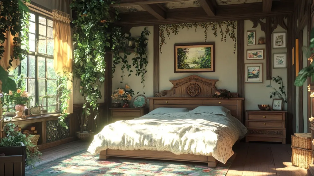 The image shows a bedroom with a large wooden bed, dressed in white linens. The room is filled with plants, including vines hanging from the ceiling and a large plant in a pot in the corner. There is a window to the left with sunlight streaming in. The walls are adorned with framed artwork and the floor is covered in a patterned rug.  The furniture is all made of wood, giving the room a rustic and cozy feel. The overall impression is one of peace and tranquility.