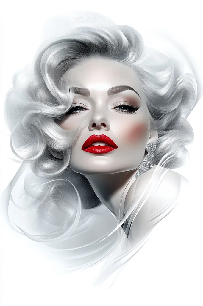 A glamorous woman with platinum blonde hair styled in voluminous curls. Her face is adorned with soft makeup, featuring bright red lipstick and a hint of blush. A diamond earring shimmers against her skin. The image is captured in a monochromatic style, highlighting her features with stark contrasts. The background is a blur of soft, flowing fabric, adding a sense of elegance and ethereal beauty.