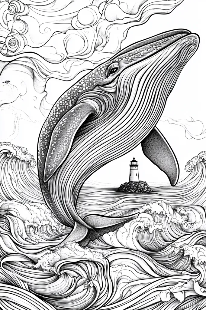 A detailed black and white illustration of a whale leaping out of the water, with a lighthouse in the background. The whale is depicted in a dynamic pose, with its tail raised high in the air. The water is shown as a series of swirling waves, creating a sense of movement and energy. The lighthouse is a small structure, but it stands out against the swirling water, providing a sense of stability and guidance. The overall effect is one of power and beauty, as the whale's majestic form is captured in all its glory.