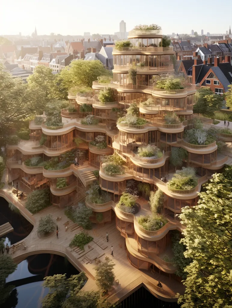 The image shows a modern, multi-level building with a unique organic design. The structure is made of wood and features numerous balconies and terraces, all covered in lush greenery. The building seamlessly blends into the surrounding cityscape, with trees and foliage cascading down its exterior, creating a sense of harmony between architecture and nature. The design appears sustainable and promotes a connection with the outdoors, offering residents a tranquil and verdant living space.