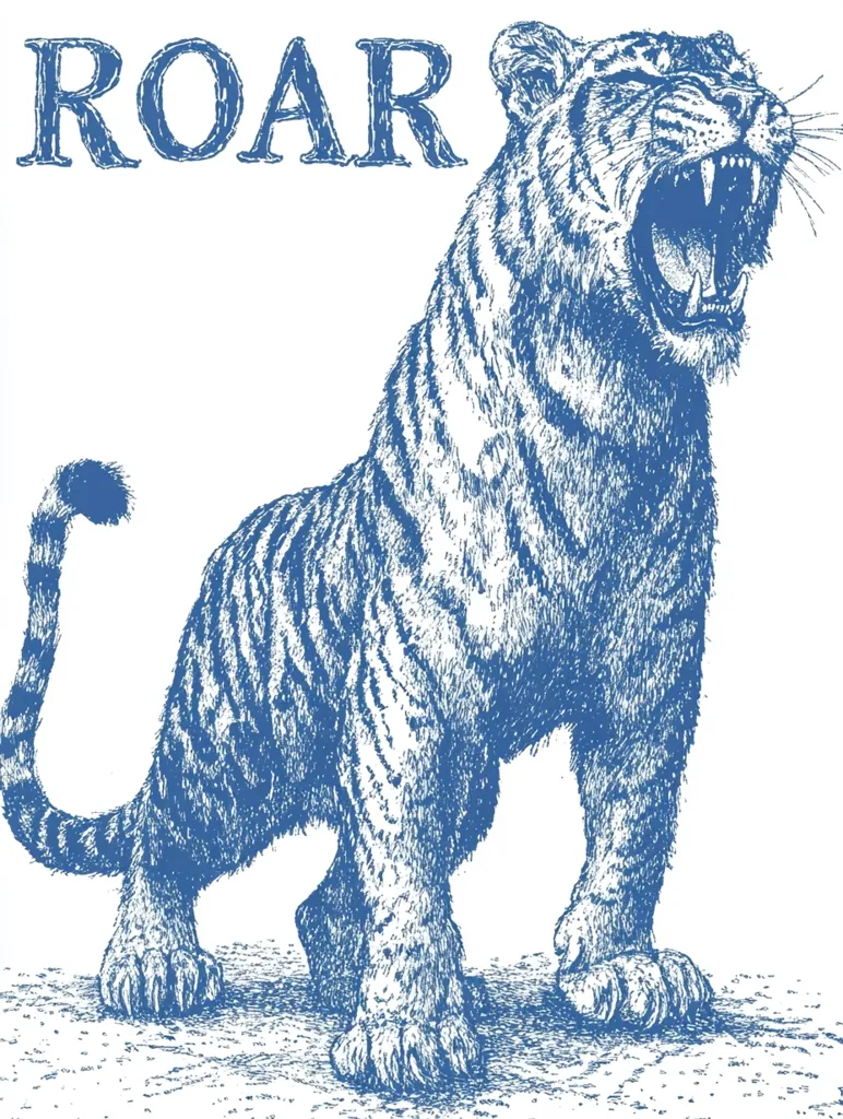 A blue and white line drawing of a tiger roaring, the word ROAR above. The tiger is facing right with its mouth open and teeth showing. The tiger is standing on all fours, with its tail curled to the side. The background is white.  The drawing is stylized and simple, with a focus on the animal's fierce expression.