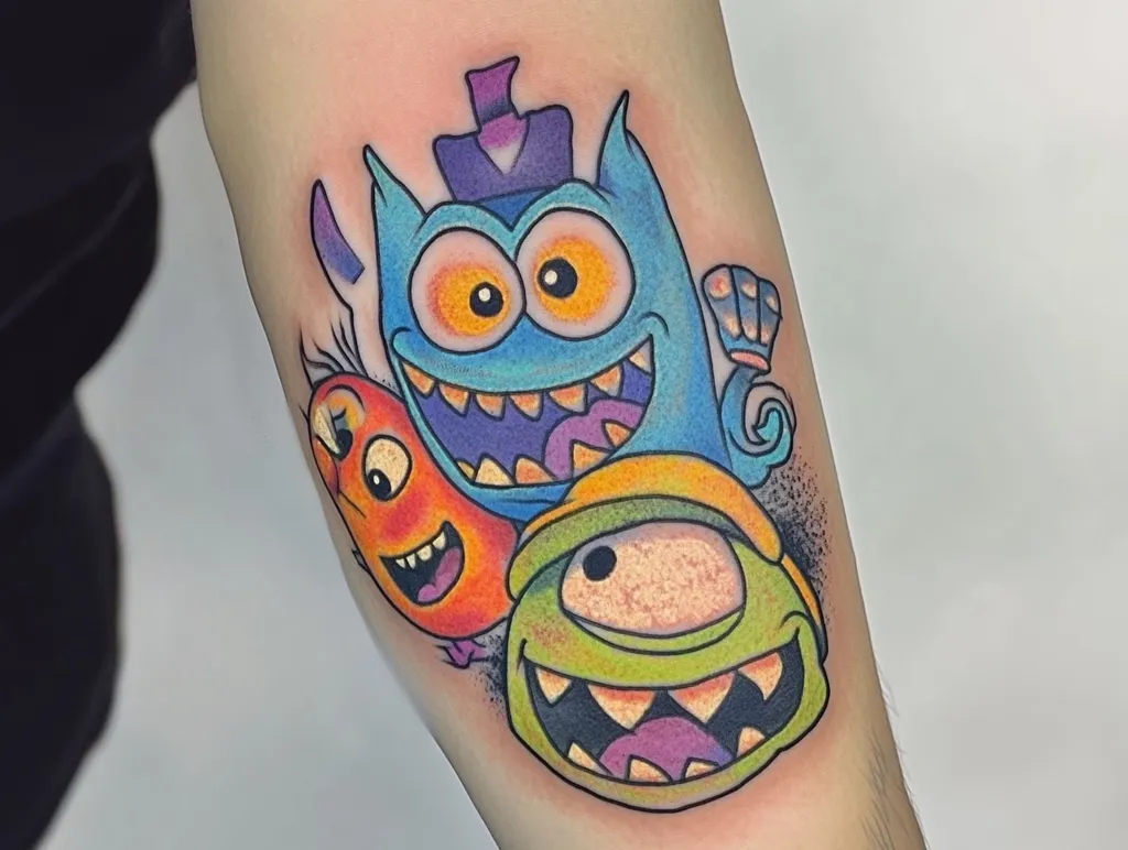 The image shows a colorful tattoo on a person's forearm. The tattoo features three cartoon monsters with large eyes and toothy grins. The monsters are drawn in a bright, whimsical style. The blue monster has a purple hat and is in the center, while the green and orange monsters surround it. The background is a blurred white.  The tattoo is a fun and playful depiction of these cartoon monsters.