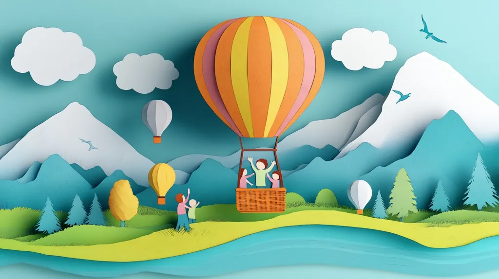 The image depicts a papercraft scene of a hot air balloon flying over a mountain range. The balloon is bright orange and yellow, with four figures inside. The mountains are blue and white, with clouds and trees around them. The scene is set against a blue sky. The image has a playful and whimsical tone, suggesting a happy and carefree adventure.