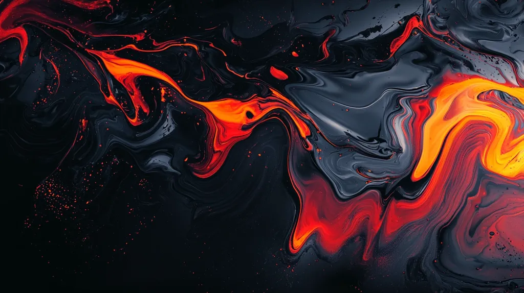 The image features an abstract, swirling pattern of black, grey, red, and orange paint. The colors blend and mix together, creating a dynamic and energetic composition. The liquid-like texture suggests movement and fluidity, giving the image a sense of depth and dimension.  The dark background provides a stark contrast to the vibrant colors, making them pop even more. The overall effect is striking and visually captivating.