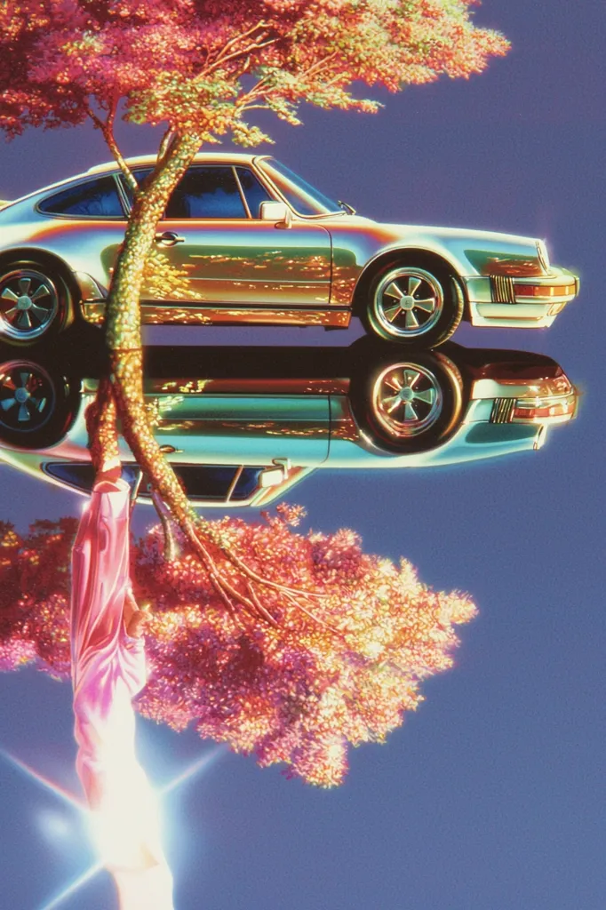 A silver sports car is reflected in a body of water, its reflection mirroring the car's position above the water.  A large tree with pink and orange leaves hangs over the car, its branches stretching down towards the water's surface. The sky is a vibrant blue, and the sun shines brightly. The image has a dreamlike, surreal quality.
