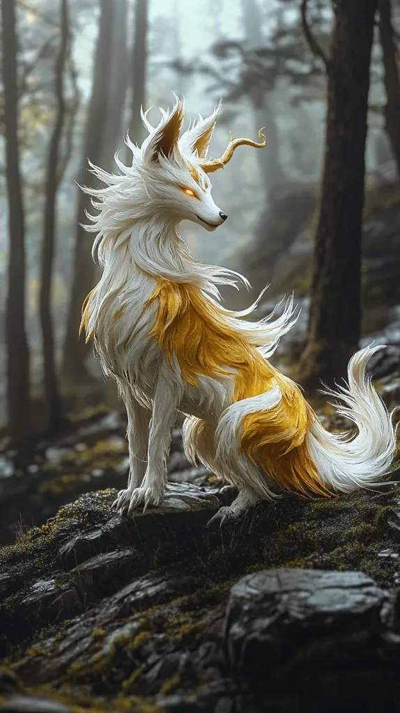 A majestic, white and gold fox with glowing eyes sits on a mossy rock in a misty forest. Its fur is flowing, creating a sense of movement and power. The background trees are blurred, creating a sense of depth and mystery. The scene evokes a sense of magic and wonder.