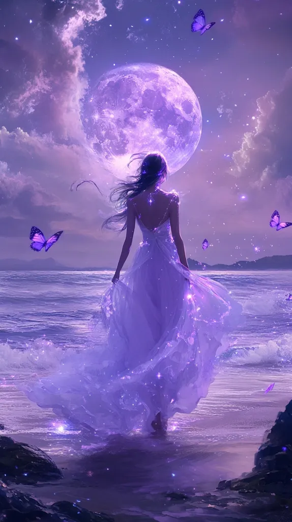 A lone woman in a flowing purple gown stands on a beach, her back to the viewer. The moon, also purple, hangs large in the sky, and a few butterflies flutter around her. The scene is bathed in a soft, ethereal light, creating a dreamy and mystical atmosphere.  The woman's long hair billows behind her, and her dress seems to shimmer with starlight.  The overall image evokes a sense of peace and tranquility.