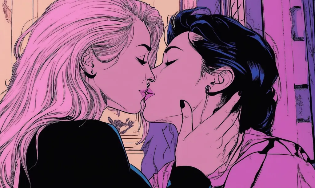 The image depicts two women, one with long pink hair and the other with long black hair, in a passionate embrace. Their faces are inches apart, their lips about to meet in a kiss. The background is a blurred pink and purple color, giving the image a romantic and intimate feel. The women's expressions are full of love and desire, and their bodies are pressed close together. The artwork is done in a graphic style, with bold lines and bright colors.  The image captures a moment of intense intimacy and passion between two women.