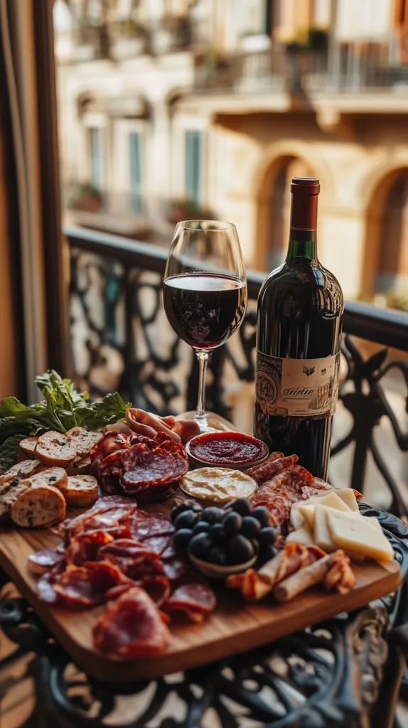 A rustic wooden charcuterie board laden with cured meats, cheeses, olives, and bread sits on a wrought iron balcony railing. A glass of red wine and a bottle of wine are beside it, capturing the essence of a simple yet delicious Italian aperitivo. The blurred background of an Italian city street adds a touch of romanticism to the scene.