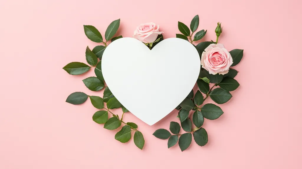 A white heart-shaped card is surrounded by green leaves and pink roses on a soft pink background. The image evokes a sense of love and romance, perfect for Valentine's Day or a wedding. The blank space on the card provides an opportunity to add a personal message. The delicate details of the roses and leaves add a touch of elegance to the composition.