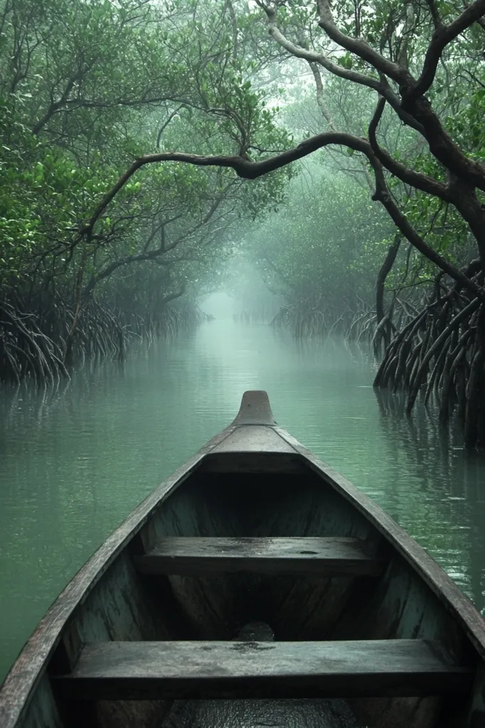 A wooden boat glides through a narrow, misty waterway shrouded by lush, green mangrove trees. The boat's prow points towards the vanishing point, leading the eye deeper into the dense, atmospheric scene. The tangled roots of the trees reach down into the water, creating a mysterious and enchanting atmosphere. The tranquil scene evokes a sense of peaceful isolation and natural beauty.