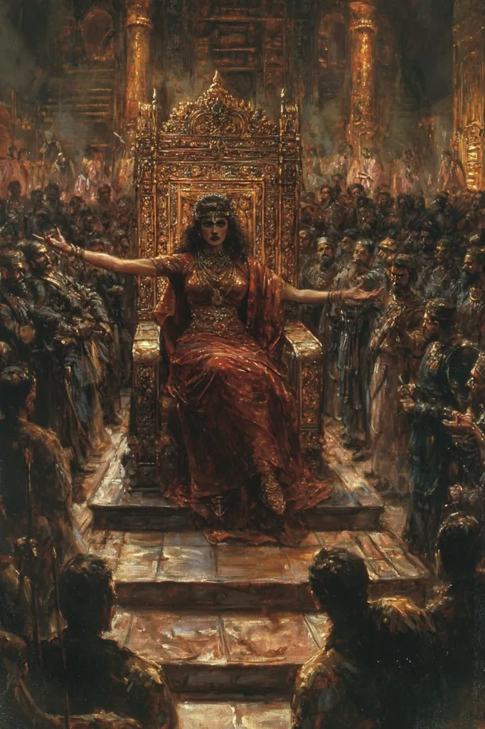 A woman in a red robe sits on a golden throne in a grand hall. She is surrounded by a crowd of people, some of whom are bowing their heads in respect. The scene is illuminated by warm, golden light. The painting has a rich and dramatic feel. The woman's gaze is powerful, suggesting authority and control.  The artwork is likely depicting a biblical or historical figure.  The details and the dynamic composition of the image create a sense of grandeur and importance.
