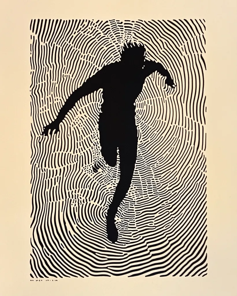 The image is a black and white print of a person running. The person is a silhouette against a background of concentric circles. The circles are made up of thin black lines that create a swirling, hypnotic effect. The print is minimalist and abstract, and it evokes a sense of motion and energy.