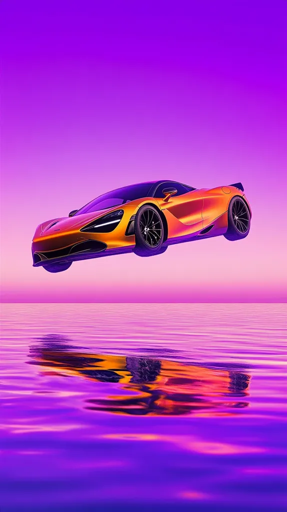A vibrant orange sports car floats in mid-air against a purple sky. The car's reflection is seen in the rippling water below. The scene is surreal and futuristic, with a strong emphasis on color and contrast. The image has a retro-futuristic aesthetic.