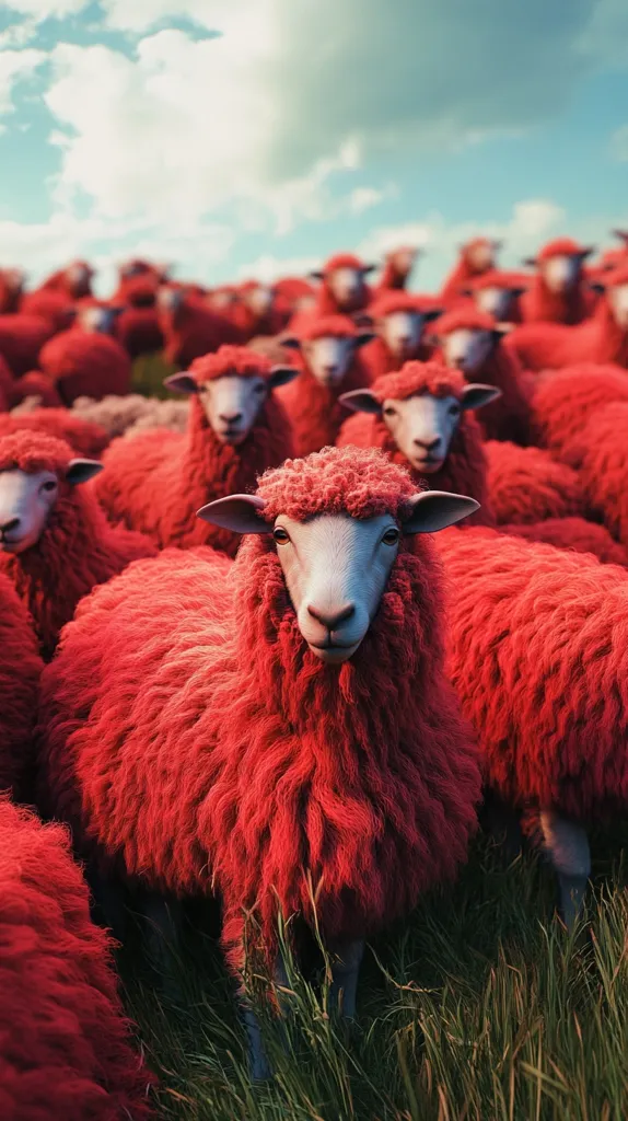 A flock of sheep with bright red fur stand in a field of green grass. The sheep are all looking in different directions. The sky is a pale blue with a few white clouds. The photo is taken from a low angle, giving the viewer a perspective from the sheep's level. The image is likely a digital illustration.