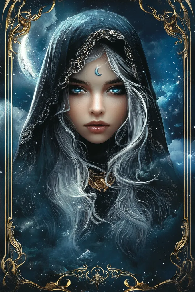 A woman with long, flowing silver hair and piercing blue eyes gazes intensely from beneath a dark, lace-trimmed hood.  Her forehead is adorned with a crescent moon, and the background is a swirling nebula of stars and a crescent moon.  The image is framed in ornate gold, adding a touch of regality and mystery.