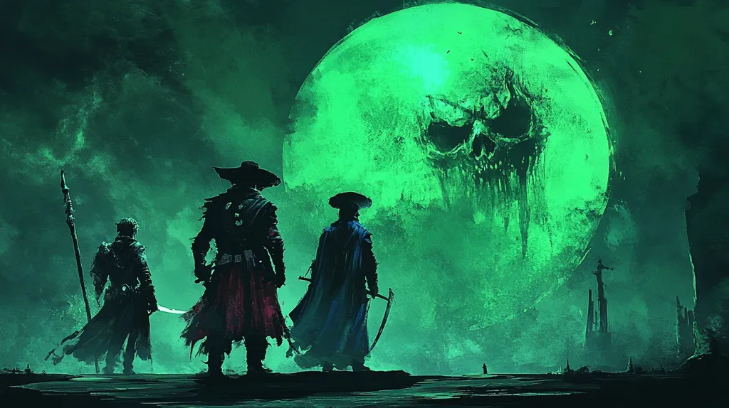 Three figures in cloaks and hats stand in front of a massive, green moon with a skull-like face. The moon dominates the night sky, casting an eerie glow on the desolate landscape. The figures appear to be facing the moon, their silhouettes outlined against the otherworldly light. The scene evokes a sense of mystery and impending danger.