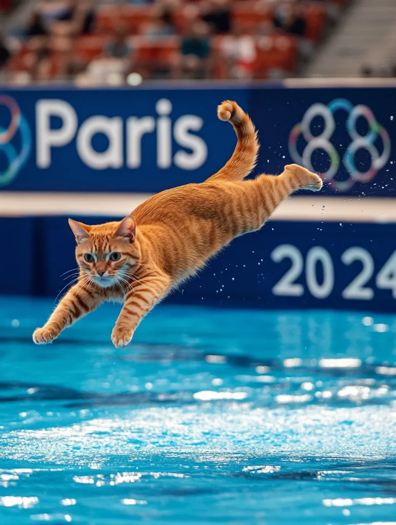 A ginger cat leaps through the air with its back legs extended and its front paws pointed downwards. The cat is mid-air above a blue pool of water. Behind the cat is a blue banner that reads "Paris 2024".  The cat's face is visible as it focuses on the water below.