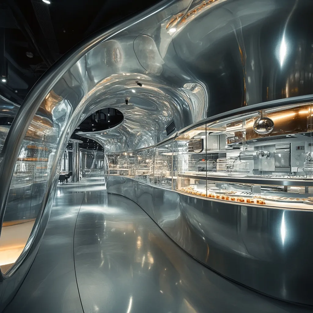 The image shows a futuristic, minimalist interior with a sleek, curved, metallic ceiling and walls. A long, narrow corridor with a smooth, gray floor leads to a glass display case showcasing a bakery kitchen, illuminated by warm, ambient lighting. The space evokes a sense of modern elegance and sophisticated design.