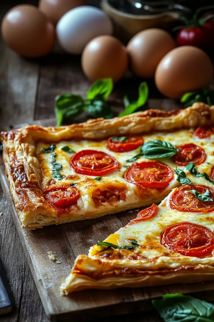 A rustic wooden table is set with a  delicious tomato and mozzarella tart, a few slices of which have been removed, revealing the creamy filling. A scattering of fresh basil leaves and a few ripe tomatoes complete the scene, all bathed in warm, natural light. The image evokes a sense of simple, comforting Italian cuisine.