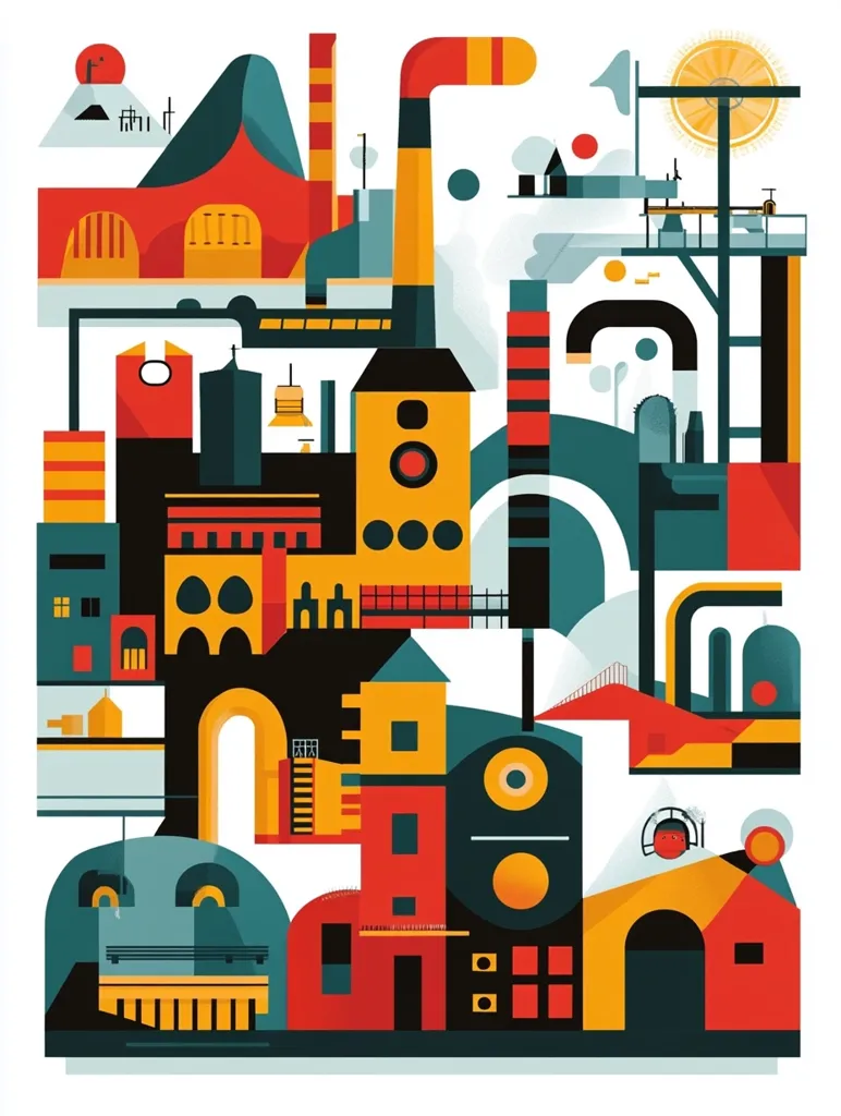 A geometric abstract cityscape with bold colors and shapes. Red, yellow, and blue buildings stand out against a white background, connected by pipes, bridges, and walkways. A central chimney spews smoke and a tall tower with a sun-shaped element sits to the right, adding to the industrial feel. The image captures a vibrant and stylized vision of an urban landscape.