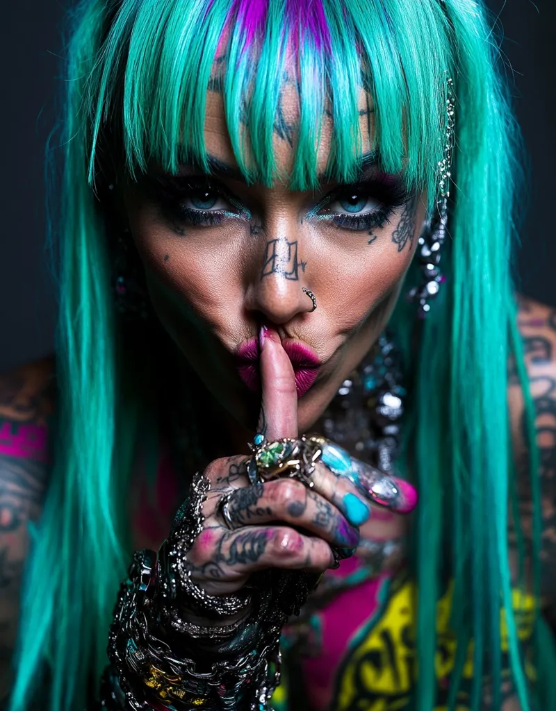 A woman with bright turquoise hair and heavily tattooed skin holds her finger to her lips, signifying silence. She has a piercing on her nose, multiple rings on her fingers and bracelets on her wrists. Her eyes are bold with dark eyeliner, and her lips are a vibrant pink. Her look is edgy and captivating.