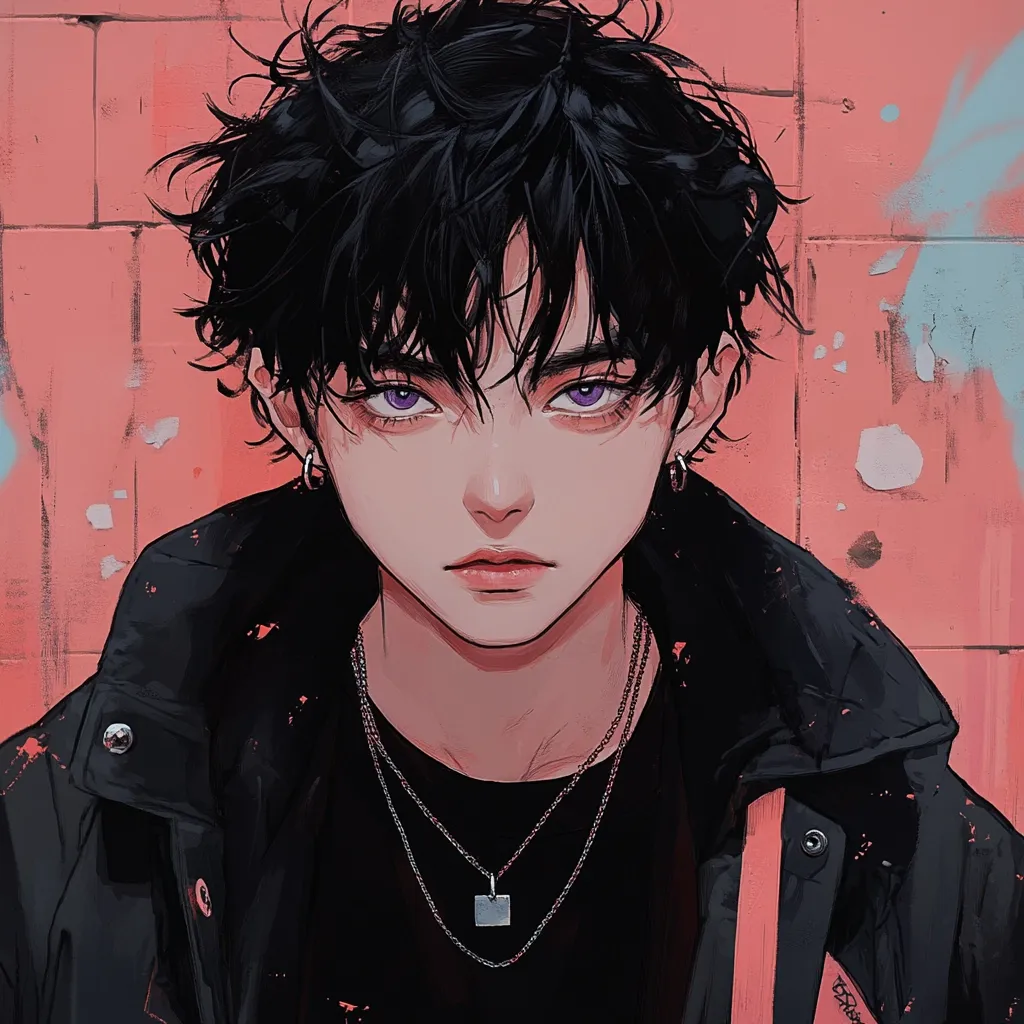 The image shows a young man with black hair and purple eyes. He is wearing a black jacket and a silver necklace. His expression is serious, and he appears to be looking directly at the viewer. The background is a pink and blue wall. The overall tone of the image is cool and edgy.
