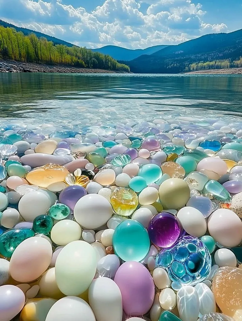 A serene lakeside scene unfolds, with crystal-clear water reflecting the azure sky and fluffy white clouds.  The foreground is dominated by a mesmerizing collection of smooth, colorful stones, their pastel hues and iridescent textures creating a captivating mosaic.  The distant mountains, cloaked in verdant forests, provide a majestic backdrop to this tranquil paradise.