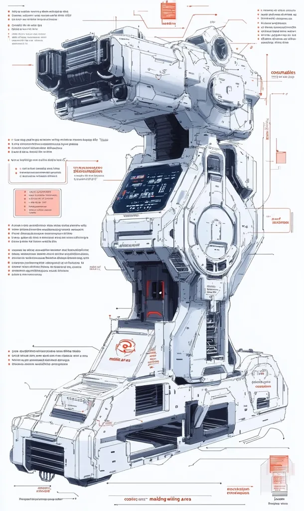 The image is a technical drawing of a futuristic, sci-fi vehicle. It is a white, multi-level structure with a large cannon on top. The drawing is annotated with descriptions of the vehicle's various components and functions. The vehicle appears to be a heavily armored, mobile platform designed for warfare.