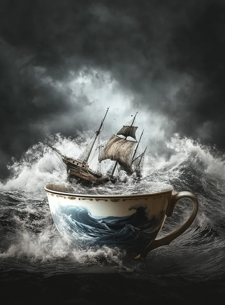 A ship sails through stormy seas, its sails billowing in the wind. The waves crash against the vessel, threatening to swallow it whole. The scene is framed by a teacup, filled with a turbulent sea, highlighting the vastness and power of the ocean. The image is surreal and captivating, suggesting a sense of danger and adventure.