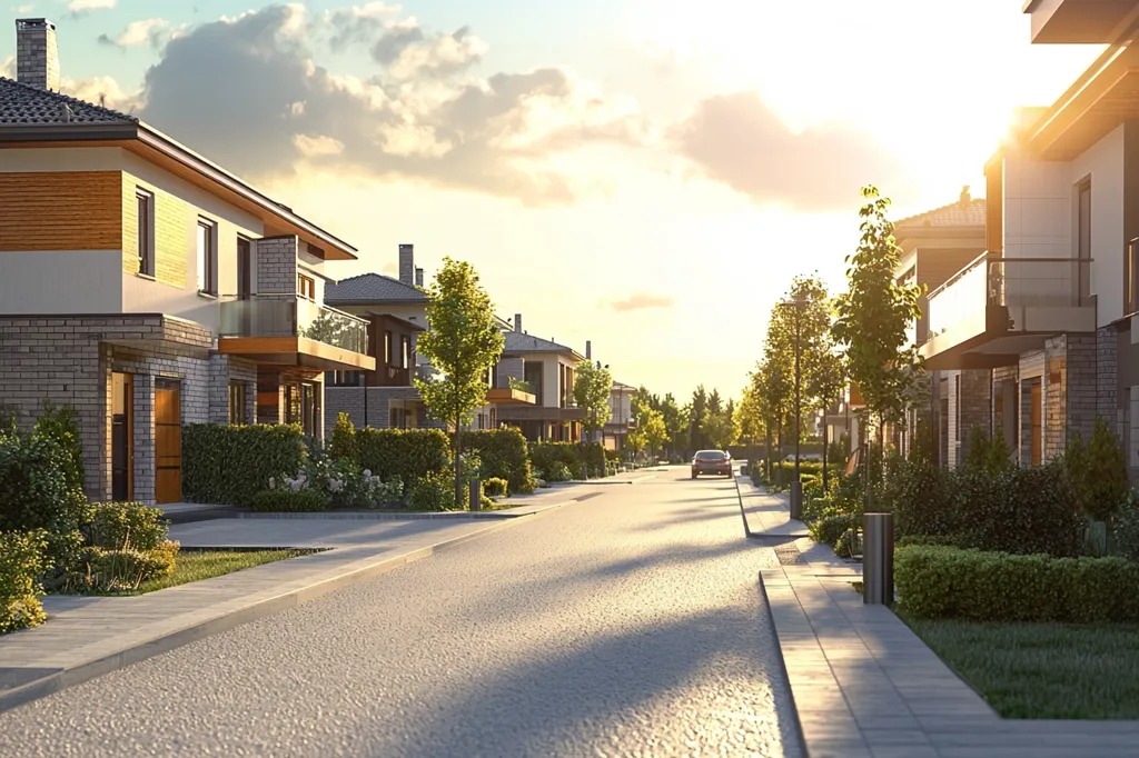 A quiet suburban street lined with modern brick homes, each with lush green landscaping. A single car drives down the road, while the sun shines brightly in the sky. The scene is peaceful and tranquil, showcasing the idyllic nature of suburban living.