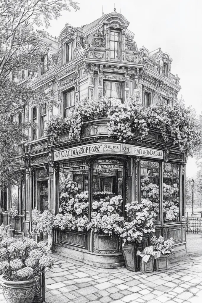 A detailed pencil drawing of a flower shop on a corner street. The shop is ornate, with intricate details and large windows filled with blooming flowers. The building is covered in vines and flowers, creating a lush, romantic atmosphere. The cobblestone street adds to the charm of the scene. The drawing is beautifully rendered, showcasing the artist's skill.