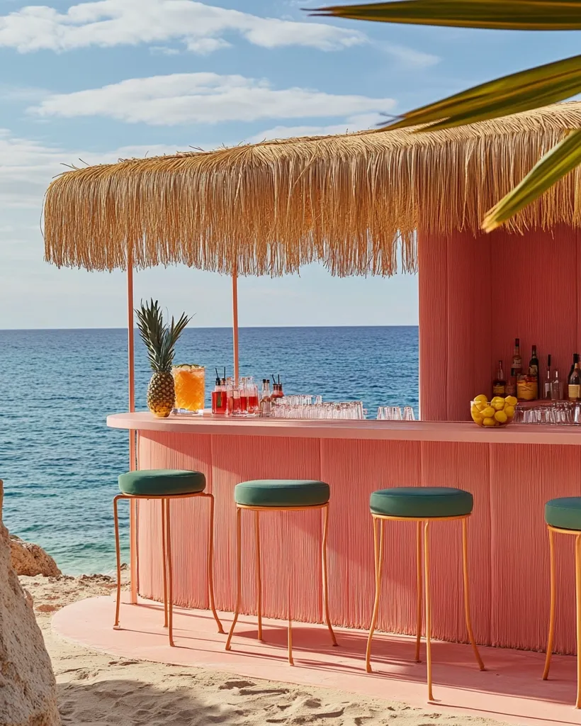A beach bar with a thatched roof and pink walls stands on a sandy beach, overlooking a clear blue ocean. Three gold-framed bar stools with green cushions are placed in front of the bar, inviting visitors to relax and enjoy the view.  The bar is stocked with drinks, including a pitcher of fruit punch and a bowl of lemons. The scene evokes a sense of tropical relaxation and summer fun.