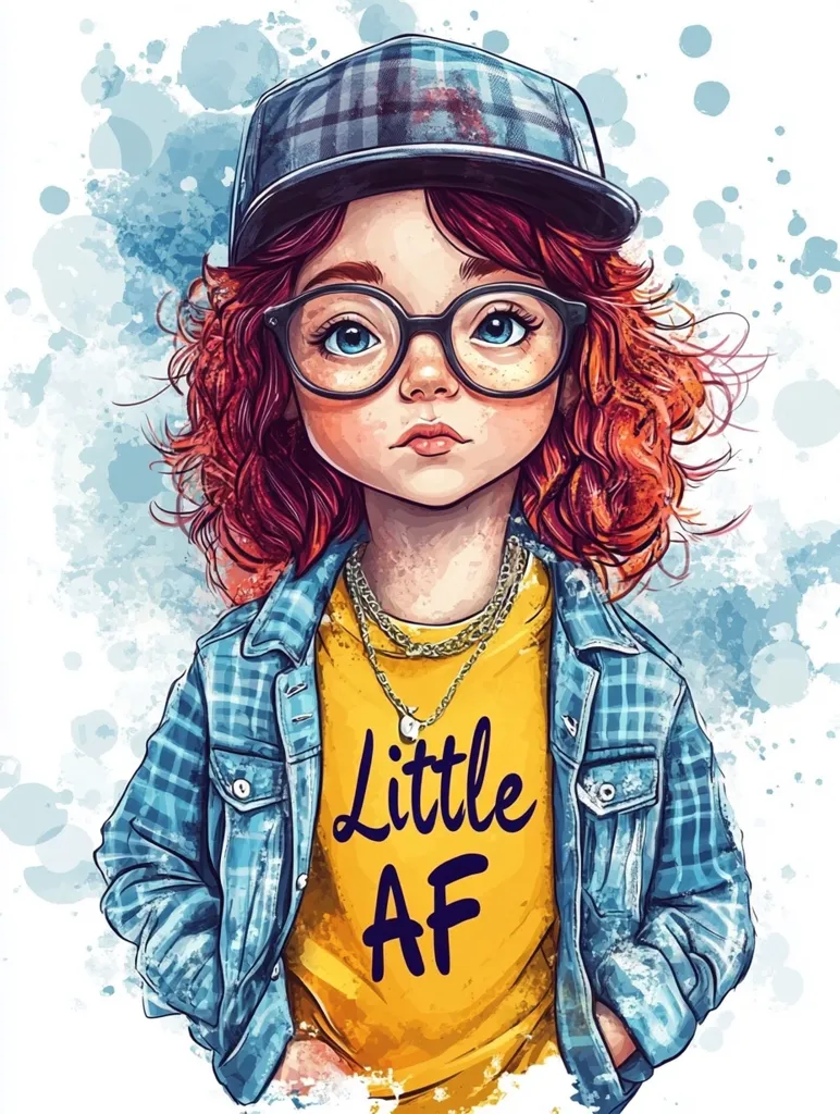 The illustration depicts a young girl with red curly hair wearing a blue plaid jacket, a yellow shirt with the phrase "Little AF" printed on it, and a blue and black plaid cap. Her large round glasses with blue frames are perched on her nose, and she looks directly at the viewer with a serious expression. The background features a soft blue watercolor wash. The image conveys a sense of youthful confidence and rebellion.