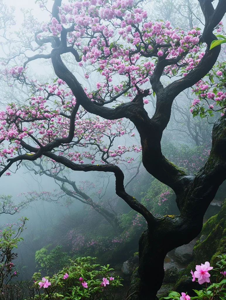A gnarled tree, draped in a canopy of delicate pink blossoms, stands tall amidst a misty forest. Its branches twist and turn, reaching for the sky, while the soft light filters through the foliage, casting a dreamy glow upon the scene. The air is thick with the scent of springtime, and the ground is carpeted with a layer of fallen petals. This is a magical place, where nature's beauty is on full display.