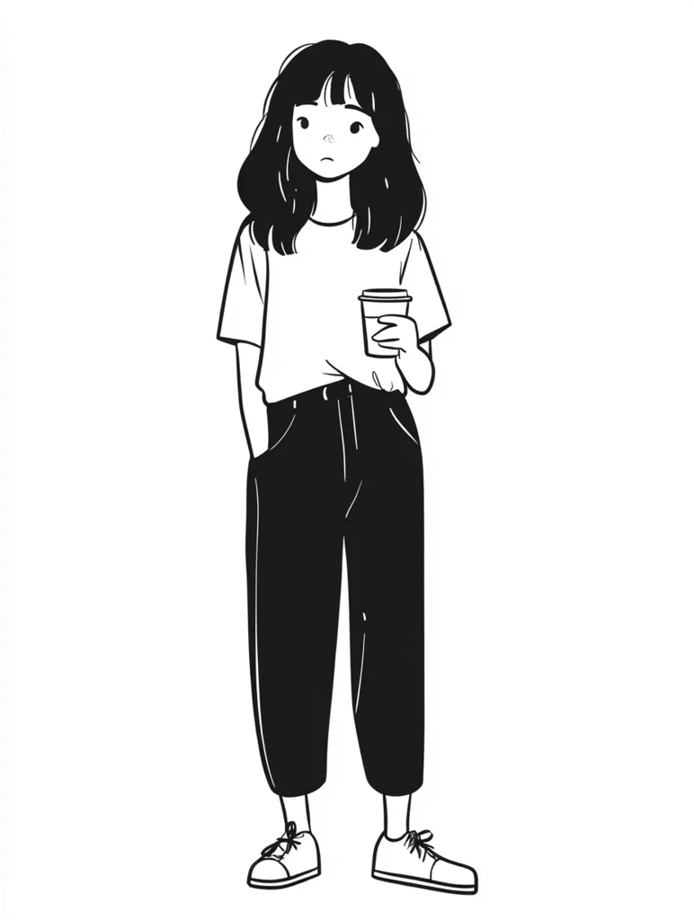 The image depicts a young woman standing with a cup of coffee in her hand. She has long, straight black hair, and is wearing a white t-shirt, black pants, and sneakers. The woman's expression is neutral, and she appears to be looking down at the coffee cup. The drawing is simple and minimalist, with black lines against a white background.  The image is a simple portrayal of a everyday moment, and conveys a sense of calmness.