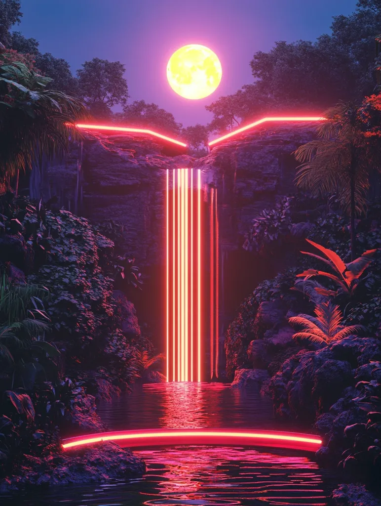 A vibrant, neon-lit waterfall cascades through a lush, jungle setting bathed in an ethereal, pink glow. The moon, a bright disc in the violet sky, illuminates the scene. The water below the falls reflects the surrounding neon lights, creating an otherworldly atmosphere.