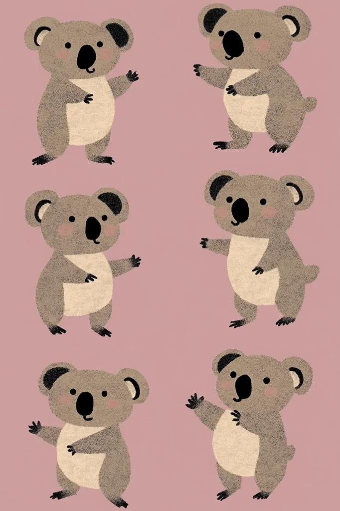 The image features six cartoon koalas on a pink background. The koalas are all different poses and have big, round eyes, black noses and cute smiles. They are all drawn in a simple style with a textured, fuzzy appearance.